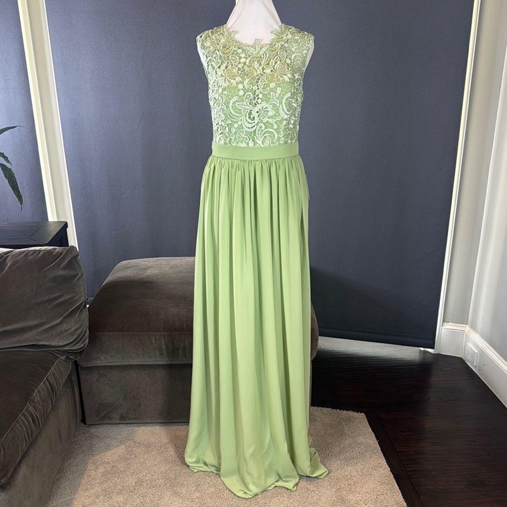 Women’s Green Full Length Sleeveless Chiffon Formal Dress Lace Bodice Size 6 NEW